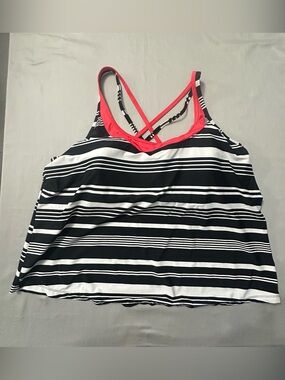 South Point Swimwear Womens 24W Tankini Top Black White Striped Coral Crossback